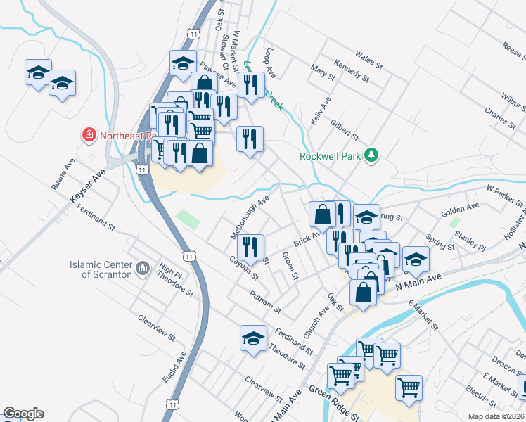 map of restaurants, bars, coffee shops, grocery stores, and more near 533-599 Laurel St in Scranton