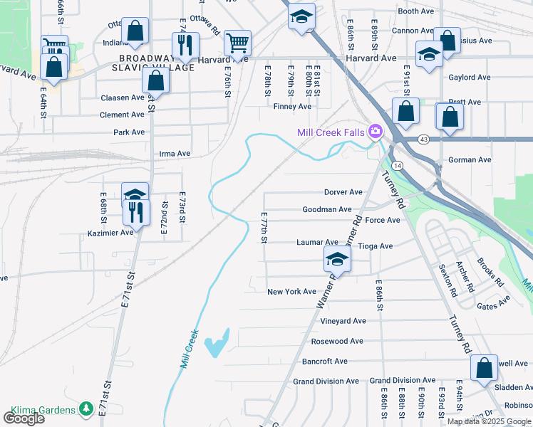 map of restaurants, bars, coffee shops, grocery stores, and more near 7715 Goodman Avenue in Cleveland