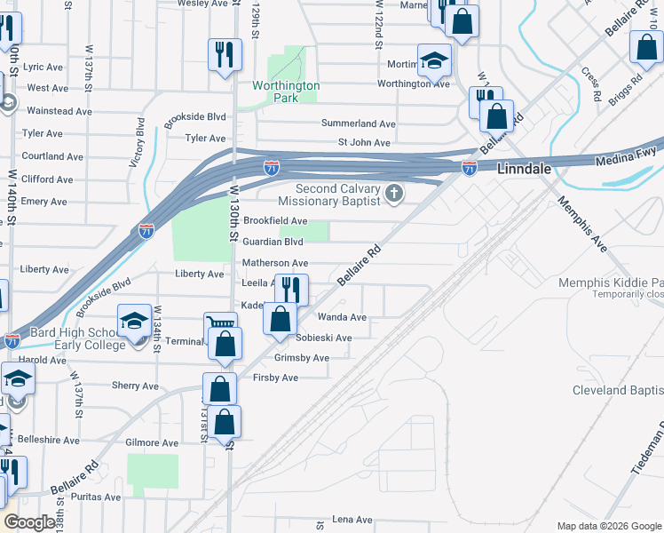 map of restaurants, bars, coffee shops, grocery stores, and more near 12510 Matherson Avenue in Cleveland