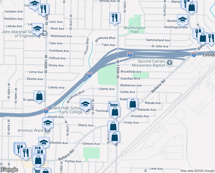 map of restaurants, bars, coffee shops, grocery stores, and more near 13118 Liberty Avenue in Cleveland
