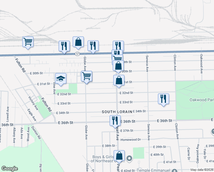 map of restaurants, bars, coffee shops, grocery stores, and more near 1758 East 31st Street in Lorain