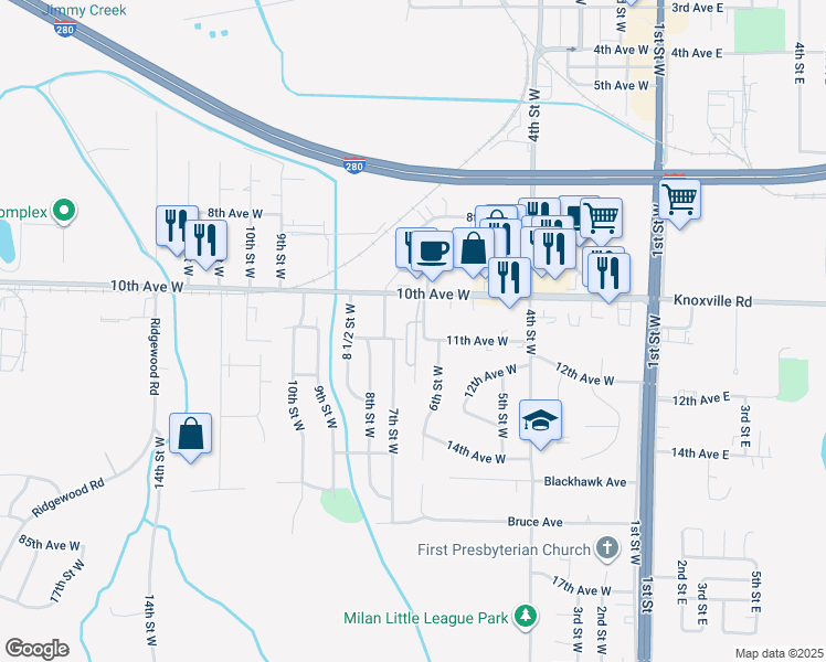 map of restaurants, bars, coffee shops, grocery stores, and more near 1013 7th Street West in Milan