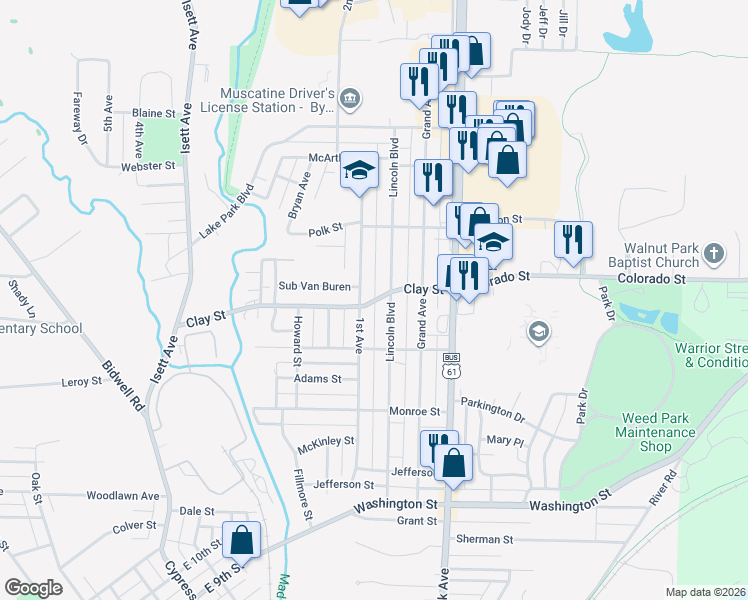 map of restaurants, bars, coffee shops, grocery stores, and more near 301 Clay Street in Muscatine