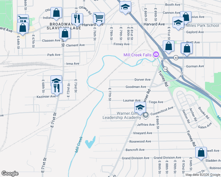 map of restaurants, bars, coffee shops, grocery stores, and more near 7715 Goodman Avenue in Cleveland
