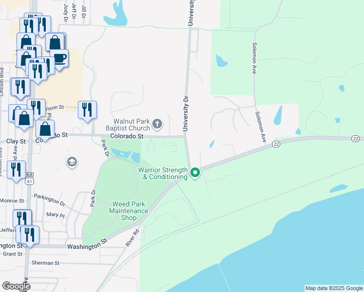 map of restaurants, bars, coffee shops, grocery stores, and more near 506 Colorado Street in Muscatine