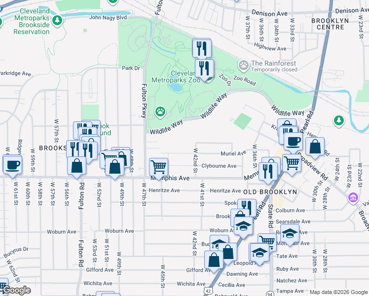 map of restaurants, bars, coffee shops, grocery stores, and more near 4206 West 42nd Street in Cleveland