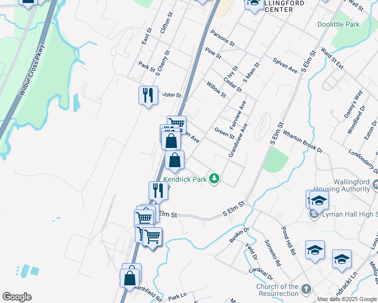 map of restaurants, bars, coffee shops, grocery stores, and more near 475 South Main Street in Wallingford