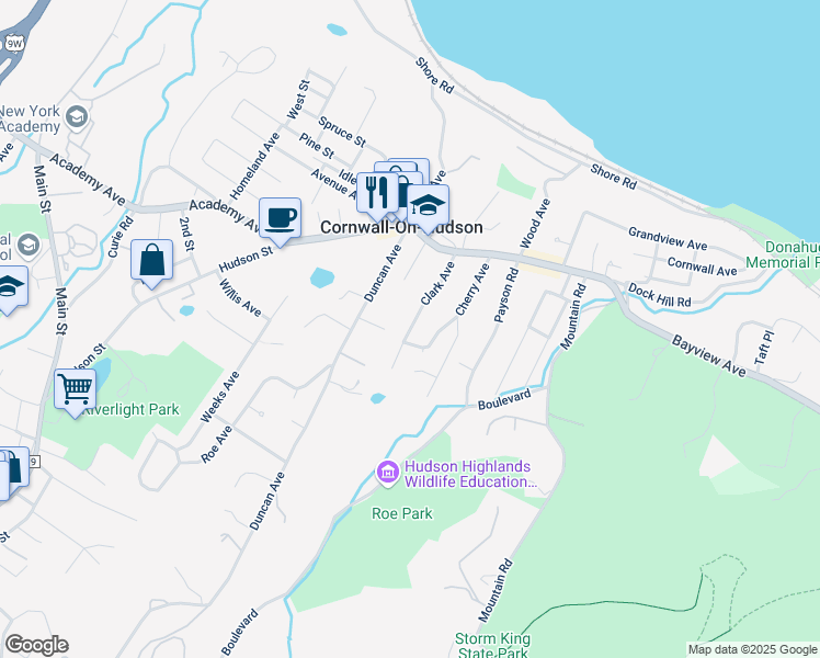 map of restaurants, bars, coffee shops, grocery stores, and more near 42 Clark Avenue in Cornwall-on-Hudson