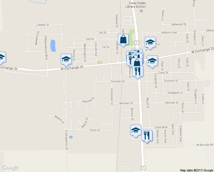 map of restaurants, bars, coffee shops, grocery stores, and more near 594 Division St in Crete
