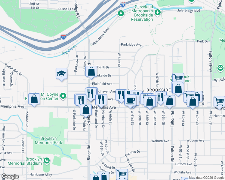 map of restaurants, bars, coffee shops, grocery stores, and more near 6500 Woodhaven Avenue in Cleveland