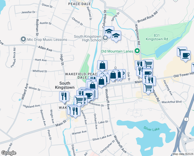 map of restaurants, bars, coffee shops, grocery stores, and more near 43 River Street in South Kingstown