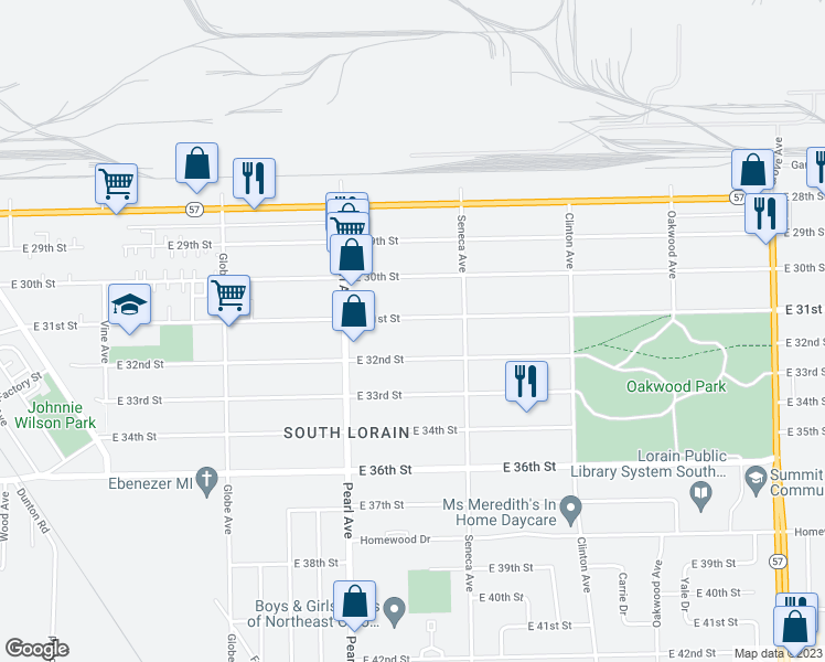 map of restaurants, bars, coffee shops, grocery stores, and more near 1852 E 31st St in Lorain