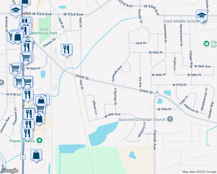 map of restaurants, bars, coffee shops, grocery stores, and more near 10137 Joliet Street in Saint John