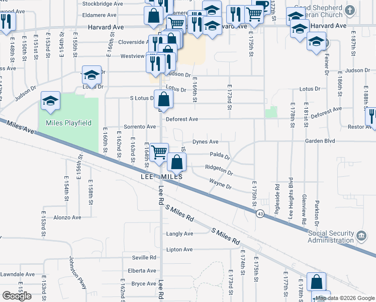 map of restaurants, bars, coffee shops, grocery stores, and more near 16705 Palda Drive in Cleveland