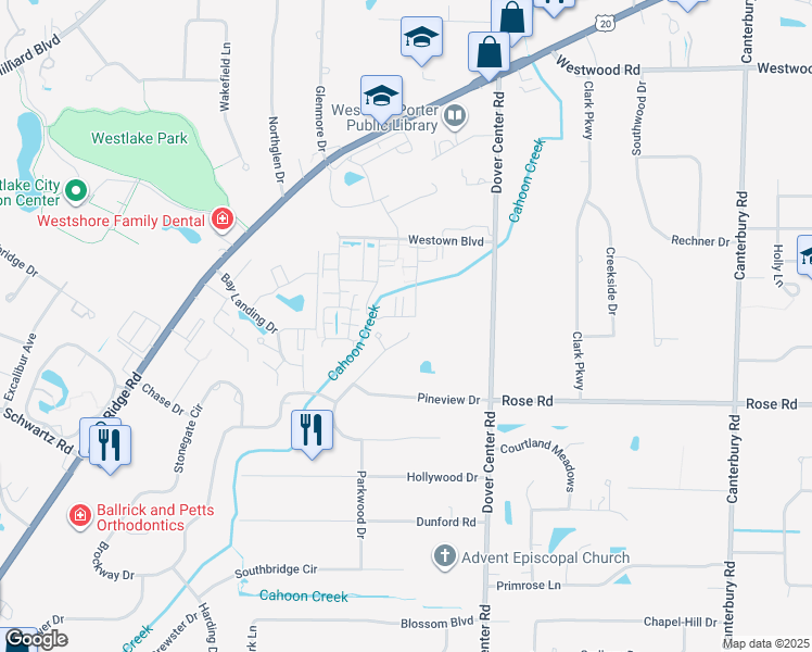 map of restaurants, bars, coffee shops, grocery stores, and more near 3214 Balsam Drive in Westlake