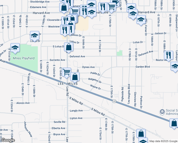 map of restaurants, bars, coffee shops, grocery stores, and more near 17001 Palda Drive in Cleveland