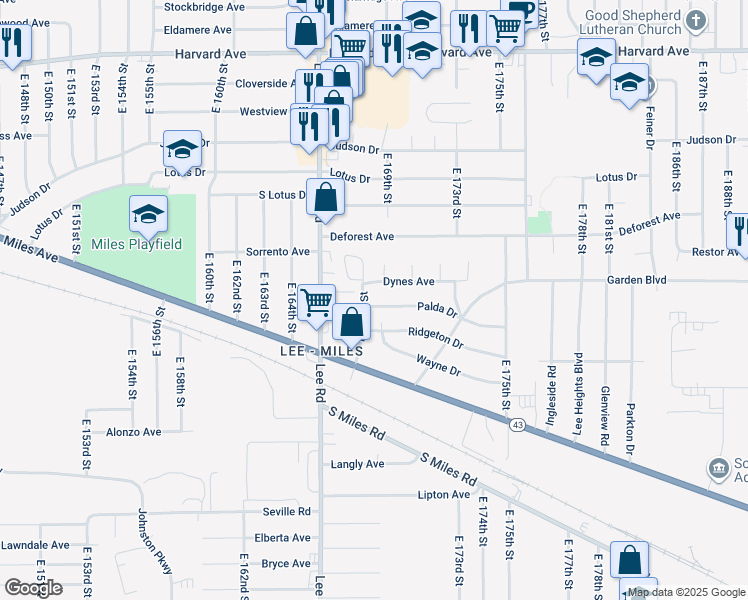 map of restaurants, bars, coffee shops, grocery stores, and more near 16705 Palda Drive in Cleveland