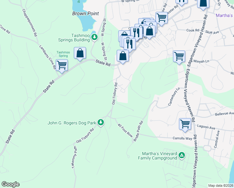 map of restaurants, bars, coffee shops, grocery stores, and more near 56 Holmes Hole Road in Oak Bluffs
