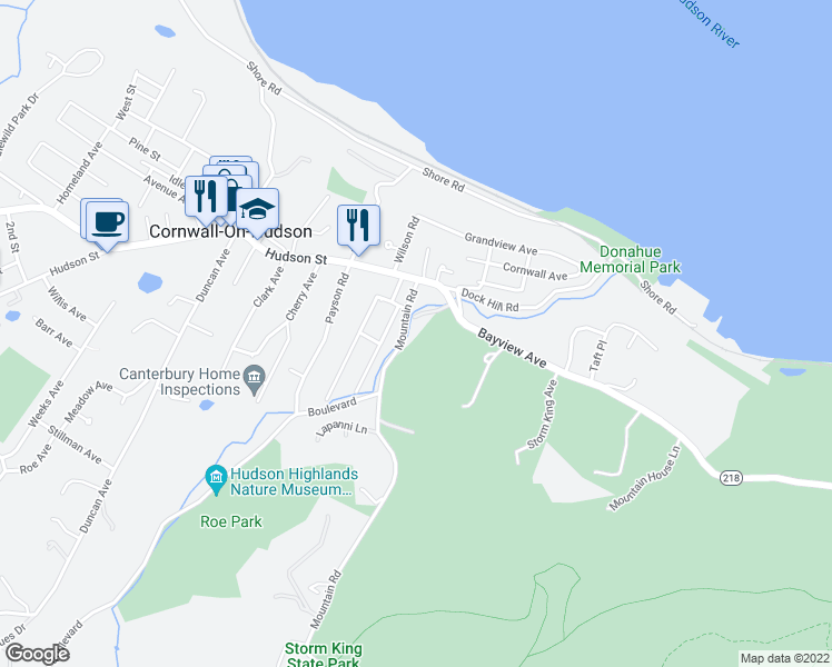 map of restaurants, bars, coffee shops, grocery stores, and more near 19 Mountain Road in Cornwall-on-Hudson