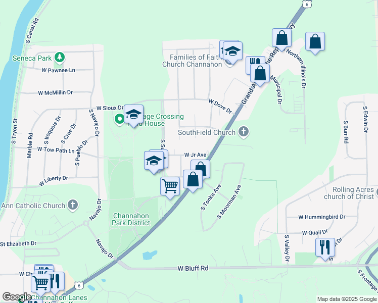 map of restaurants, bars, coffee shops, grocery stores, and more near 24708 West Junior Avenue in Channahon