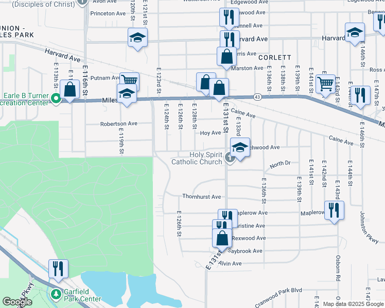 map of restaurants, bars, coffee shops, grocery stores, and more near 12708 Beachwood Avenue in Cleveland