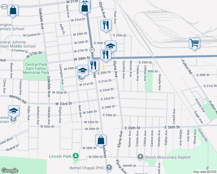 map of restaurants, bars, coffee shops, grocery stores, and more near 207 East 32nd Street in Lorain