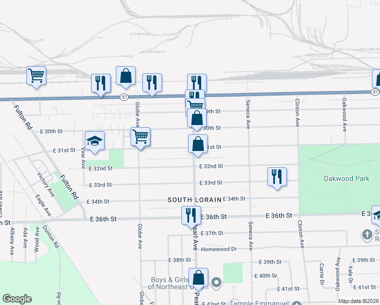 map of restaurants, bars, coffee shops, grocery stores, and more near 3114 Pearl Avenue in Lorain
