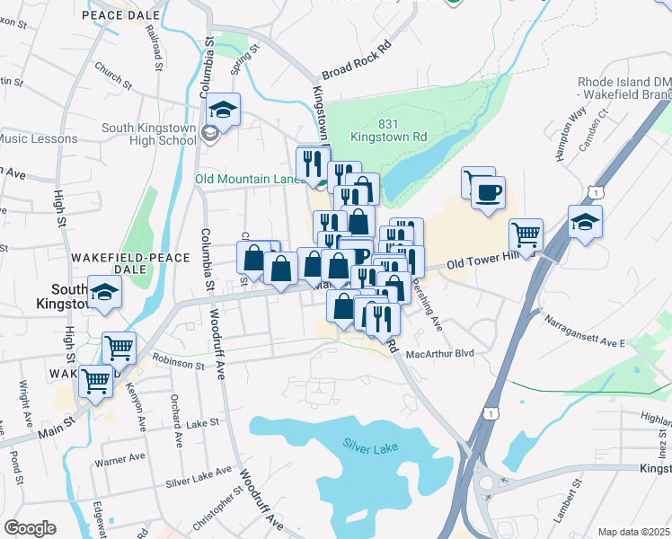 map of restaurants, bars, coffee shops, grocery stores, and more near 11 Main Street in South Kingstown