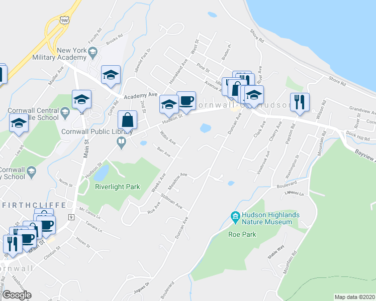 map of restaurants, bars, coffee shops, grocery stores, and more near 59 Weeks Avenue in Cornwall-on-Hudson