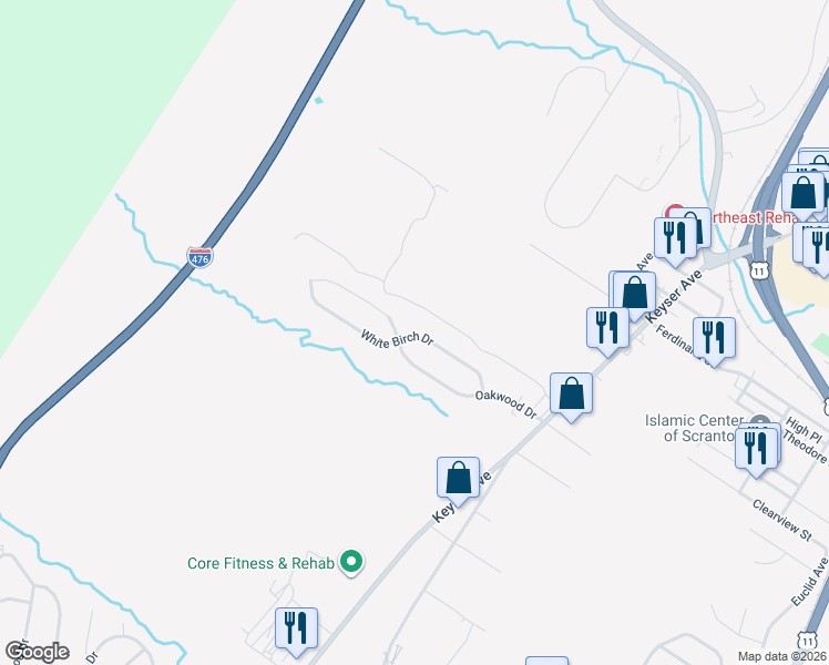map of restaurants, bars, coffee shops, grocery stores, and more near 240 White Birch Dr in Scranton