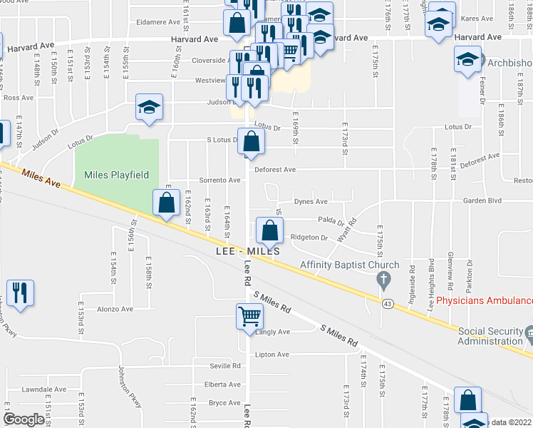 map of restaurants, bars, coffee shops, grocery stores, and more near 16674 Concept Drive in Cleveland