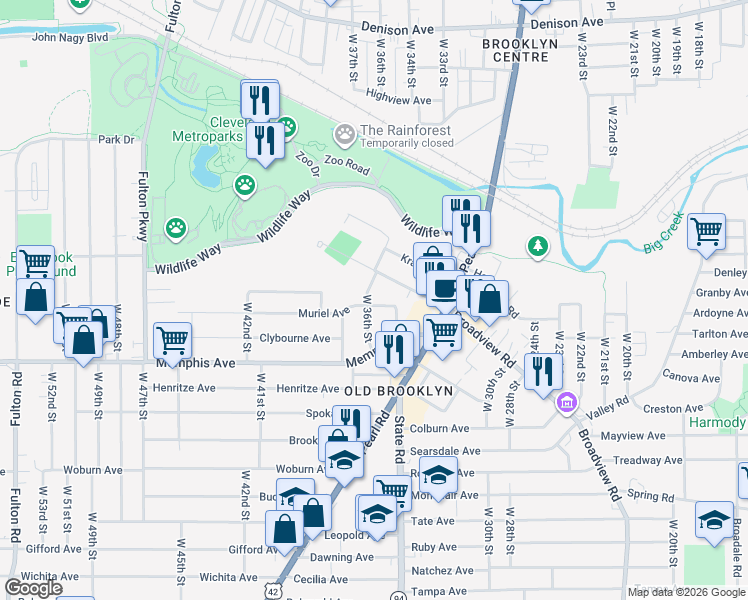 map of restaurants, bars, coffee shops, grocery stores, and more near 3528 Muriel Avenue in Cleveland