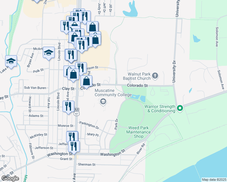 map of restaurants, bars, coffee shops, grocery stores, and more near 152 Colorado Street in Muscatine