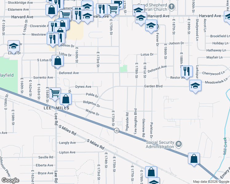 map of restaurants, bars, coffee shops, grocery stores, and more near 4309 East 175th Street in Cleveland