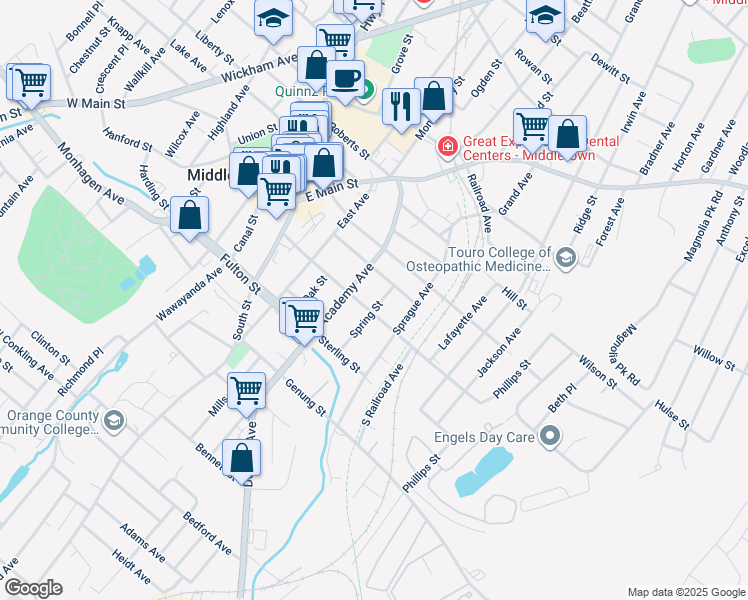 map of restaurants, bars, coffee shops, grocery stores, and more near 9 Spring Street in Middletown