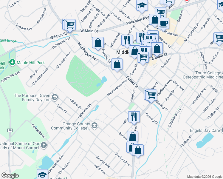 map of restaurants, bars, coffee shops, grocery stores, and more near 40-42 Wawayanda Avenue in Middletown