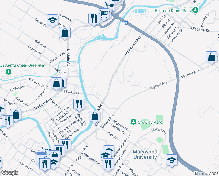 map of restaurants, bars, coffee shops, grocery stores, and more near 14-98 Carter Ave in Scranton