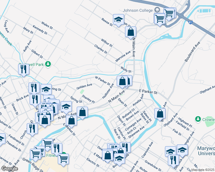map of restaurants, bars, coffee shops, grocery stores, and more near 151 West Parker Street in Scranton