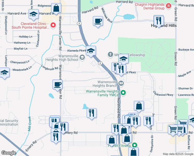 map of restaurants, bars, coffee shops, grocery stores, and more near 21170 Ellacott Parkway in Cleveland