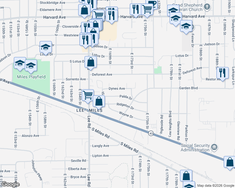 map of restaurants, bars, coffee shops, grocery stores, and more near 17001 Palda Drive in Cleveland