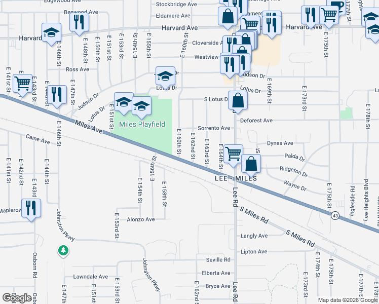 map of restaurants, bars, coffee shops, grocery stores, and more near 4308 East 162nd Street in Cleveland