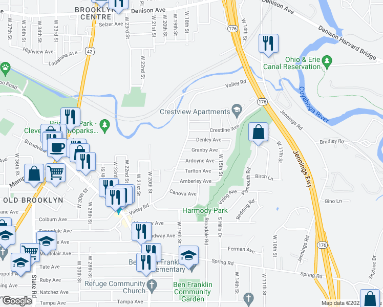 map of restaurants, bars, coffee shops, grocery stores, and more near 1621 Granby Avenue in Cleveland