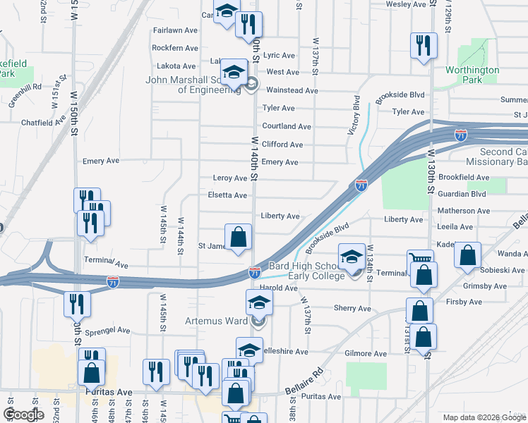 map of restaurants, bars, coffee shops, grocery stores, and more near 4127 West 140th Street in Cleveland