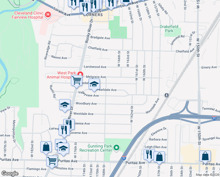 map of restaurants, bars, coffee shops, grocery stores, and more near 16710 Pearldale Avenue in Cleveland