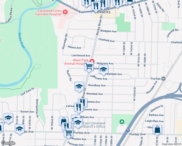 map of restaurants, bars, coffee shops, grocery stores, and more near 4153 Rocky River Drive in Cleveland