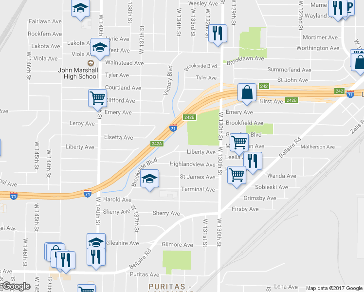 map of restaurants, bars, coffee shops, grocery stores, and more near 4117 Brookside Boulevard in Cleveland