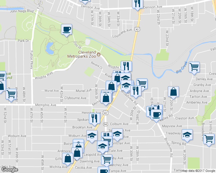 map of restaurants, bars, coffee shops, grocery stores, and more near 3441 Broadview Road in Cleveland
