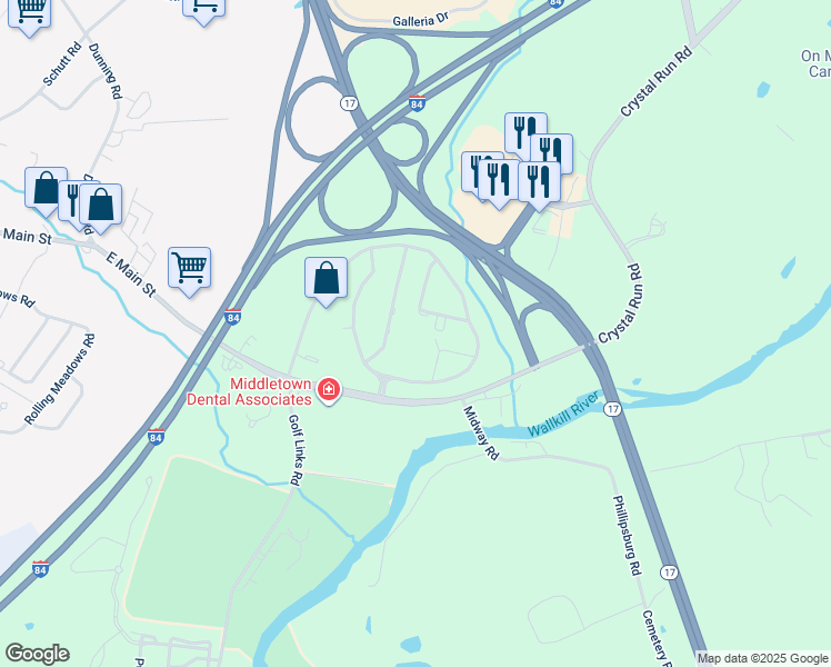 map of restaurants, bars, coffee shops, grocery stores, and more near 707 East Main Street in Middletown