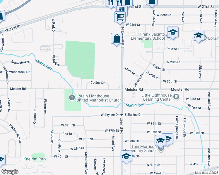 map of restaurants, bars, coffee shops, grocery stores, and more near 2552 Collins Drive in Lorain