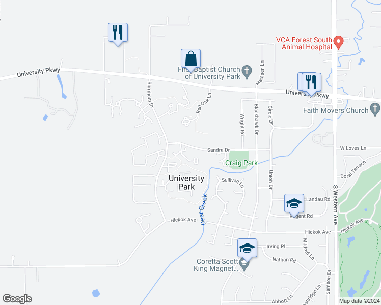 map of restaurants, bars, coffee shops, grocery stores, and more near 834 Pin Oak Lane in University Park